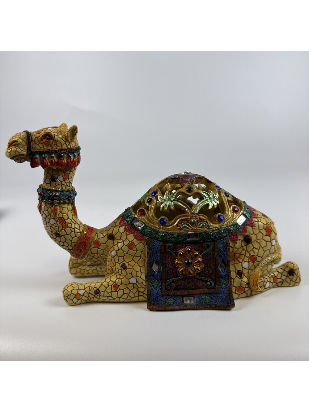 CAMEL Sculpture Hollow Back Bejeweled Mosaic Palm Tree Open Hump Figure 9"